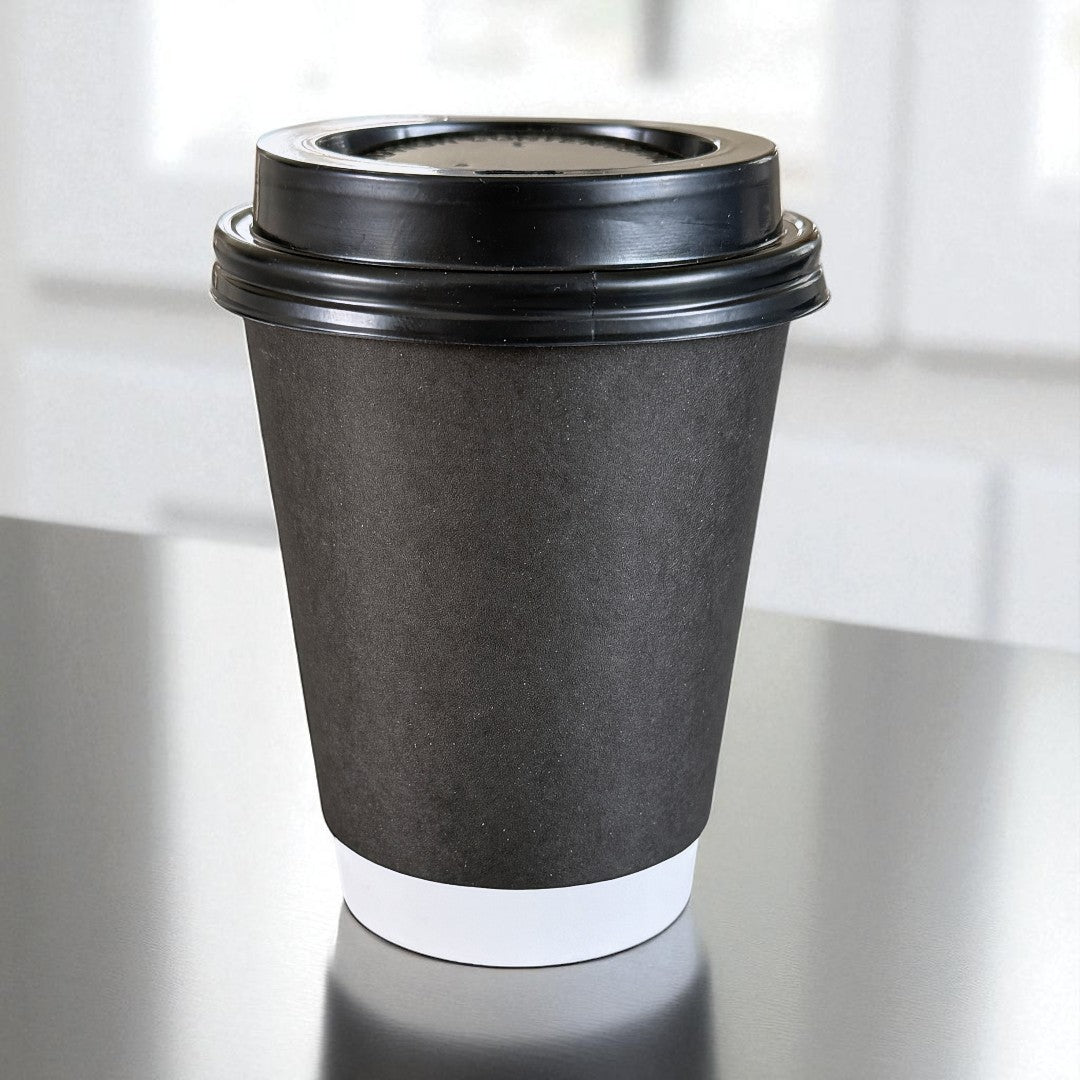 Black Double Wall 12oz Paper Cup With Black Sip Lids Side - Propus Packaging