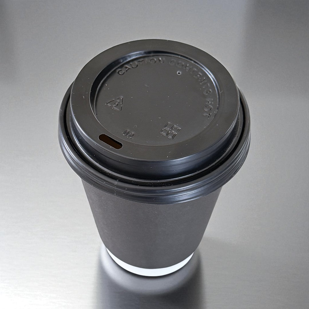 Black Double Wall 12oz Paper Cup With Black Sip Lids Overhead - Propus Packaging