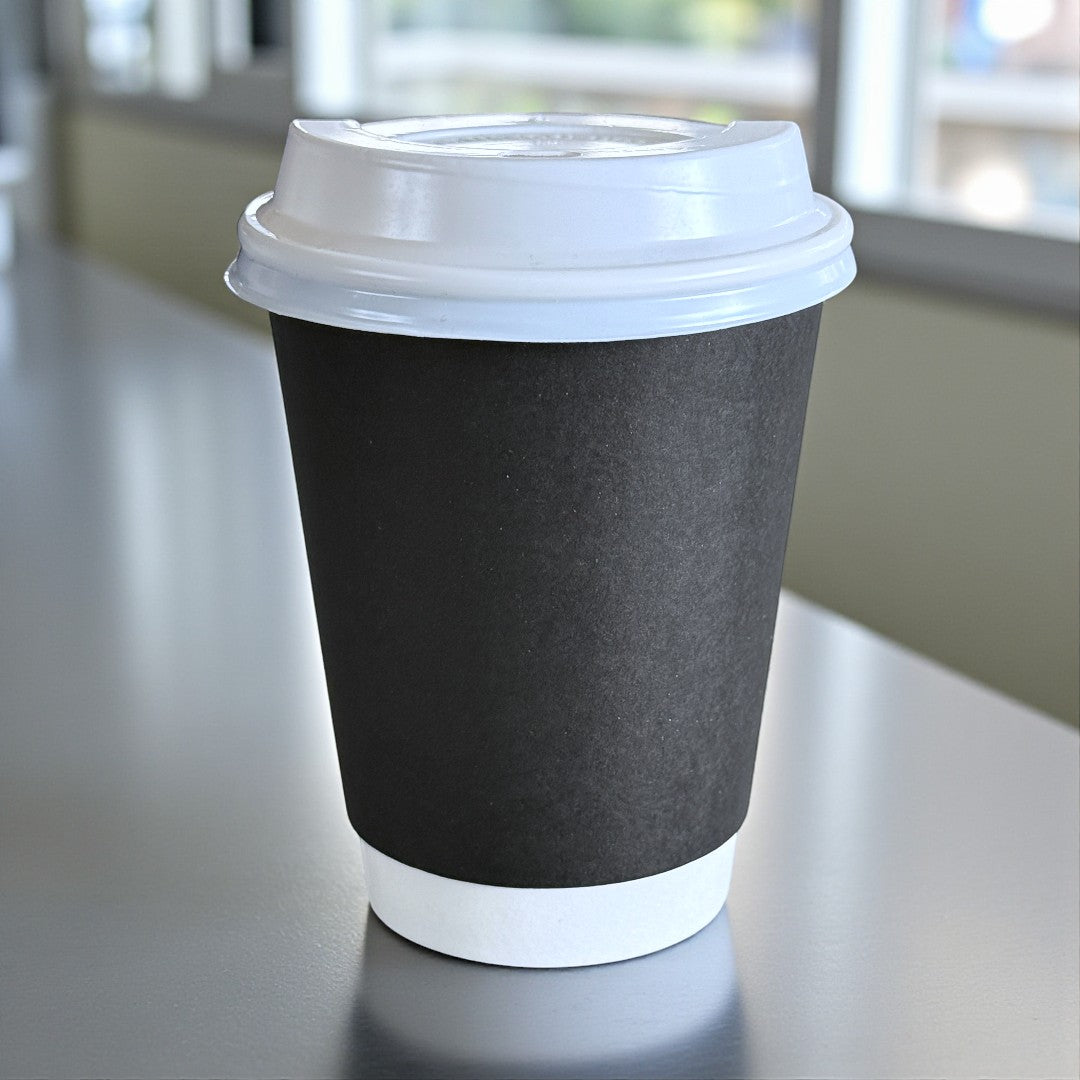 Black Double Wall 12oz Paper Cup With White Sip Lids - Propus Packaging