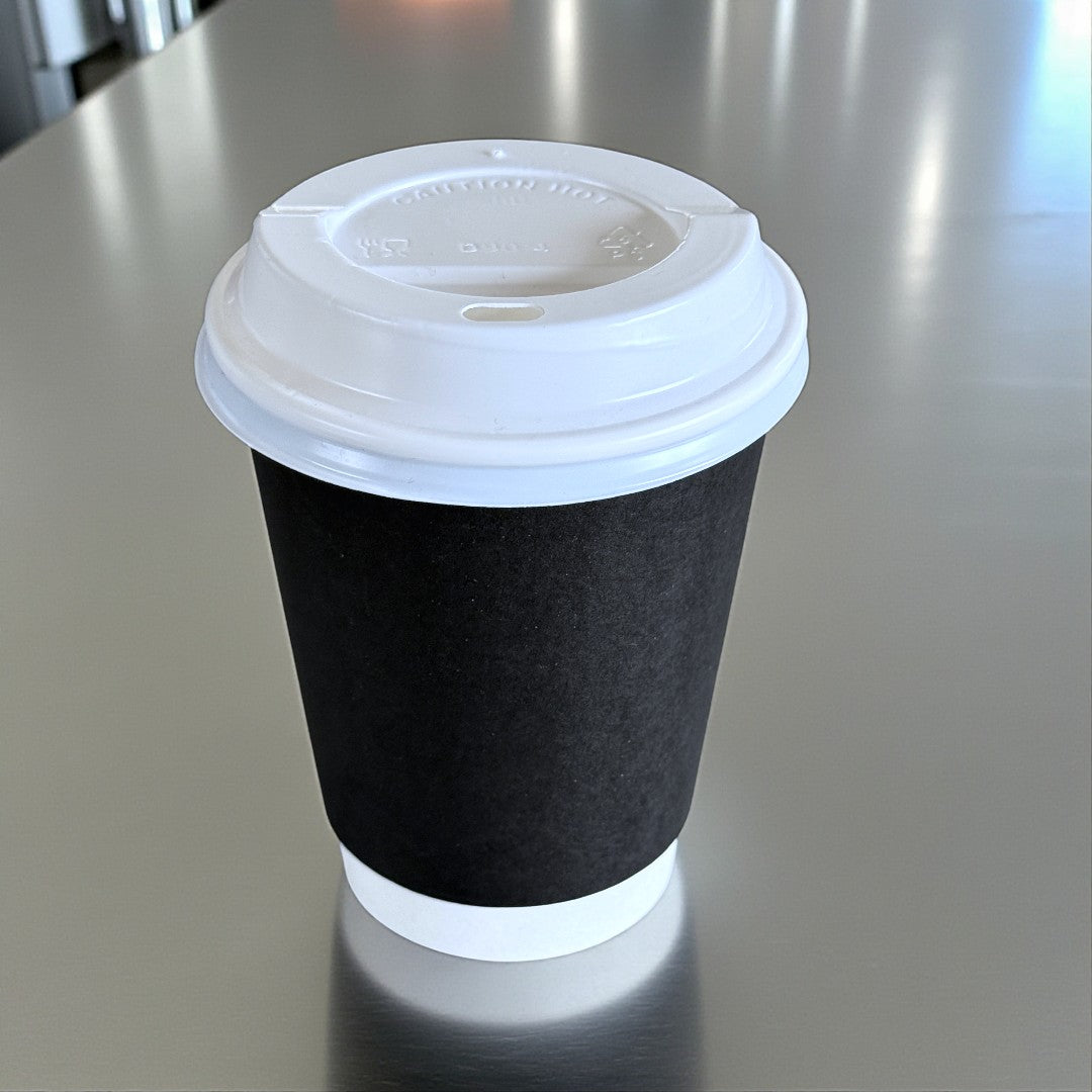 Black Double Wall 12oz Paper Cup With White Sip Lids Side - Propus Packaging