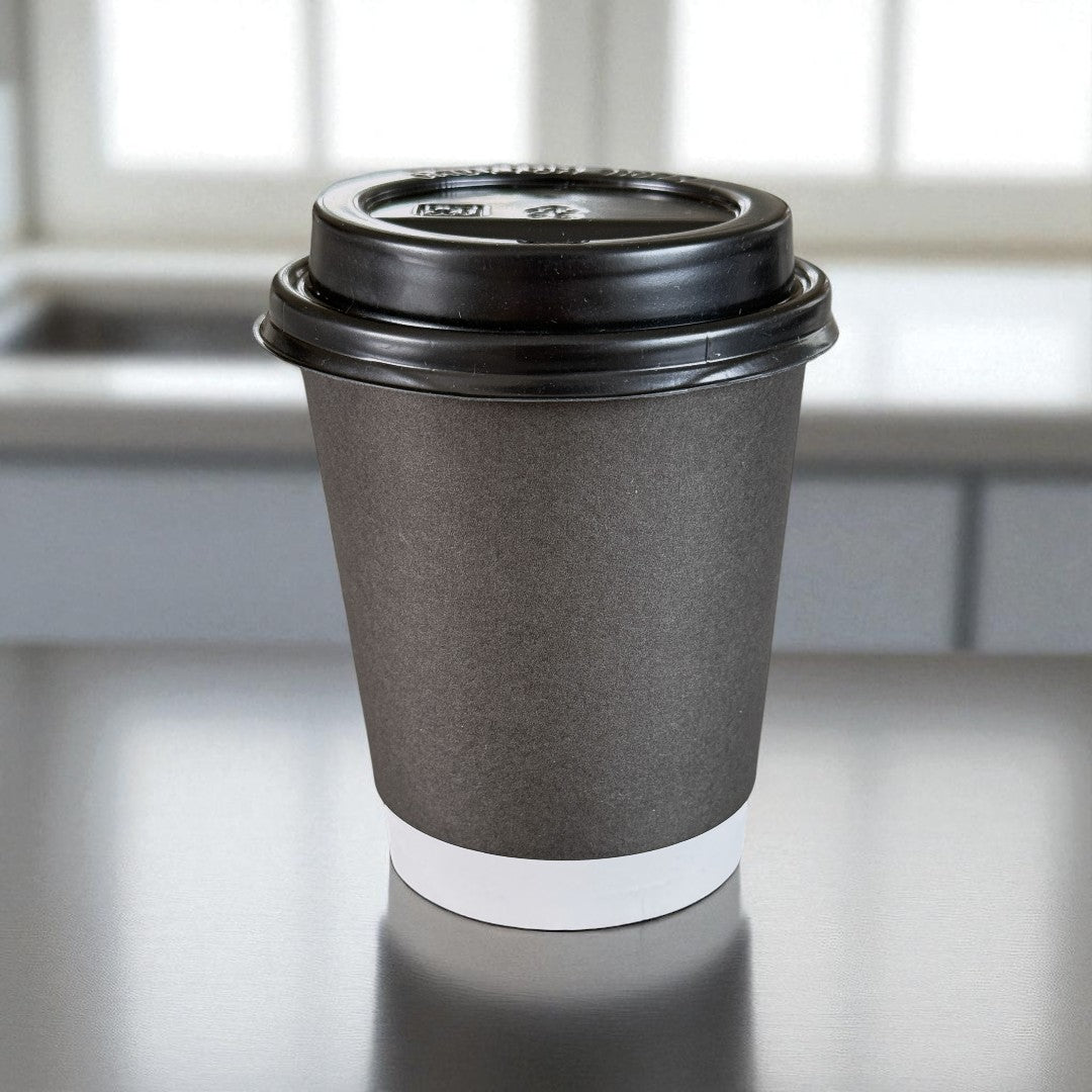 Black Double Wall 8oz Paper Cup With Black Sip Lids Side - Propus Packaging