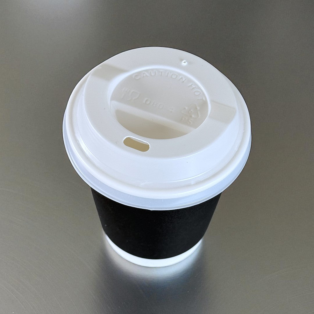 Black Double Wall 8oz Paper Cup With White Sip Lids Overhead - Propus Packaging