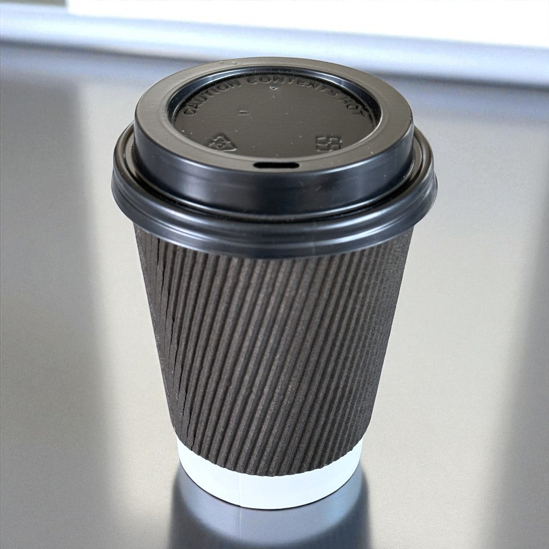 Black Ripple Wall 12oz Paper Cup With Black Sip Lids - Propus Packaging