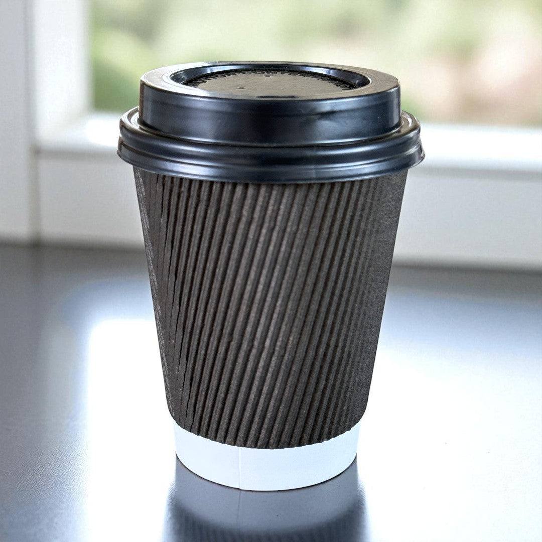 Black Ripple Wall 12oz Paper Cup With Black Sip Lids Side - Propus Packaging