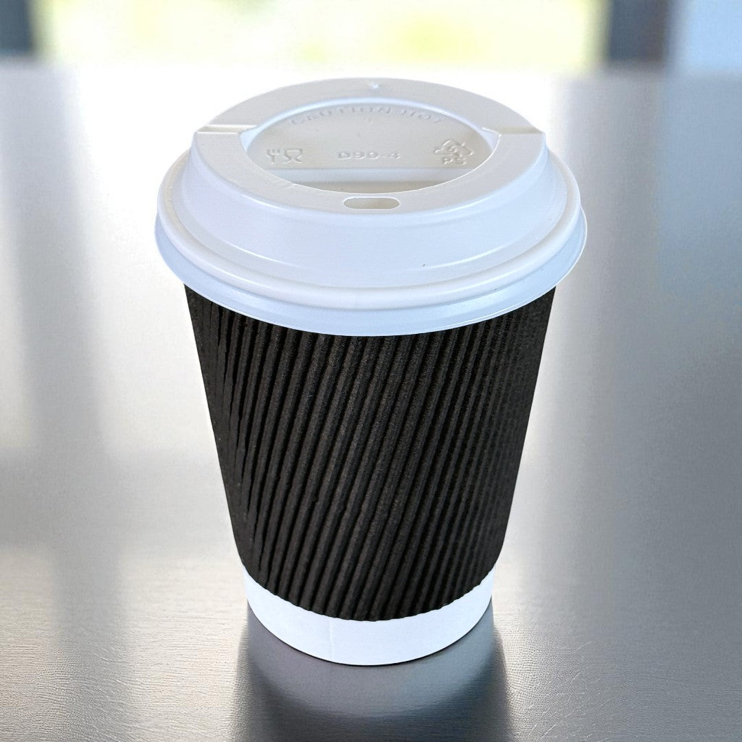 Black Ripple Wall 12oz Paper Cup With White Sip Lids - Propus Packaging
