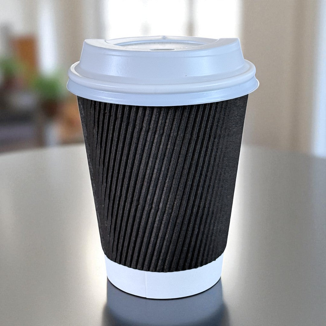 Black Ripple Wall 12oz Paper Cup With White Sip Lids Side - Propus Packaging