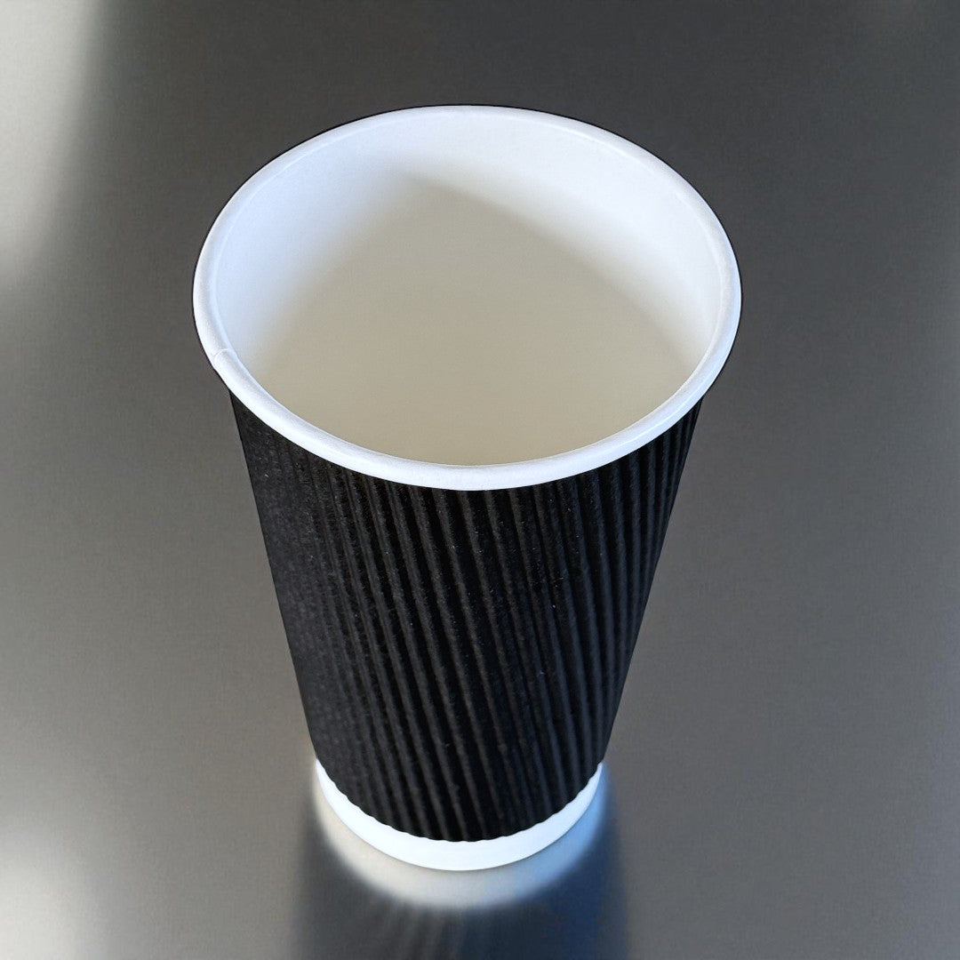 Black Ripple Wall 16oz Paper Cup Overhead - Propus Packaging