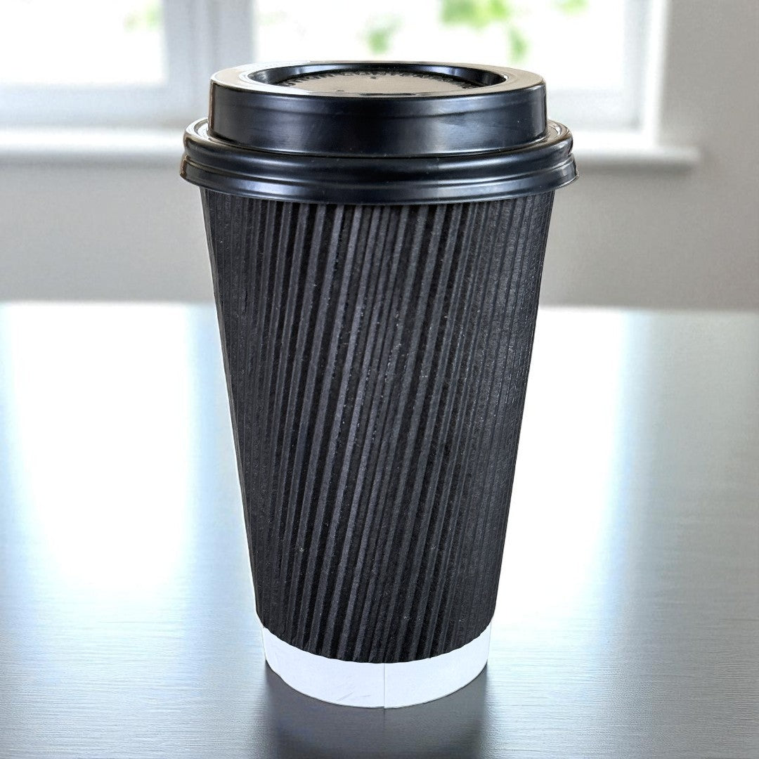 Black Ripple Wall 16oz Paper Cup With Black Sip Lids Side - Propus Packaging