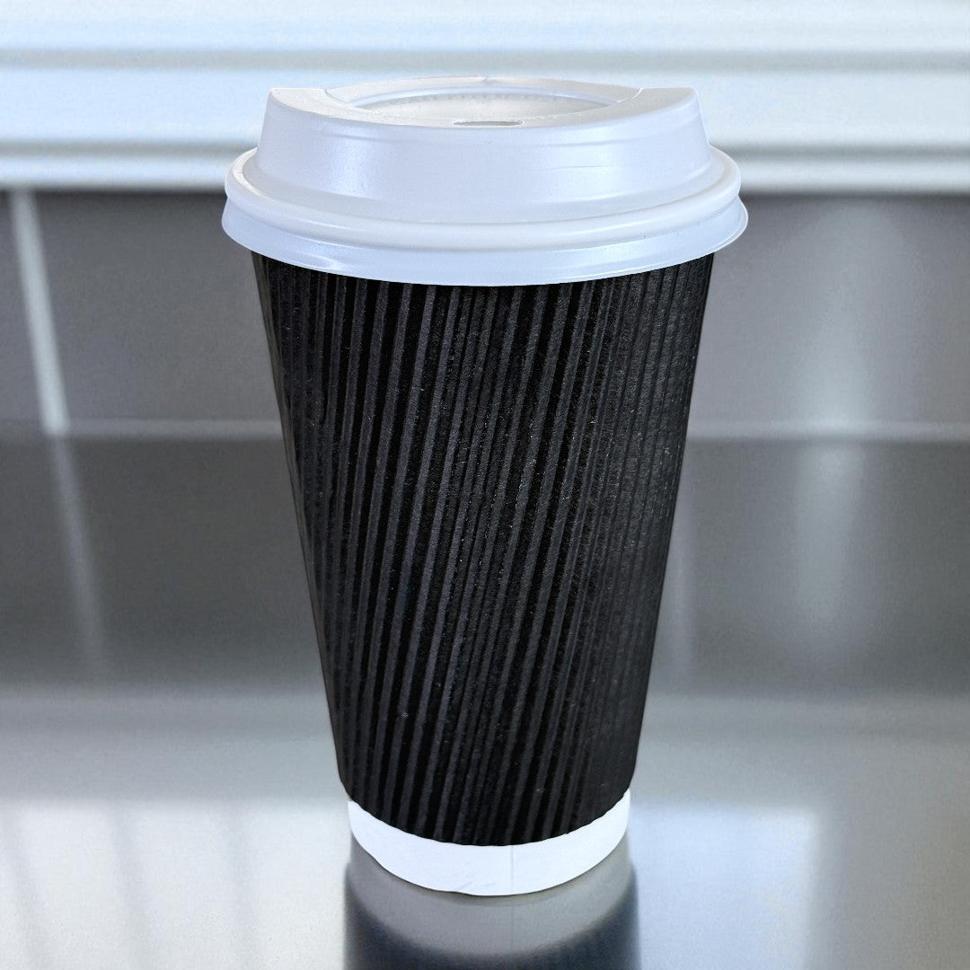 Black Ripple Wall 16oz Paper Cup With White Sip Lids Side - Propus Packaging