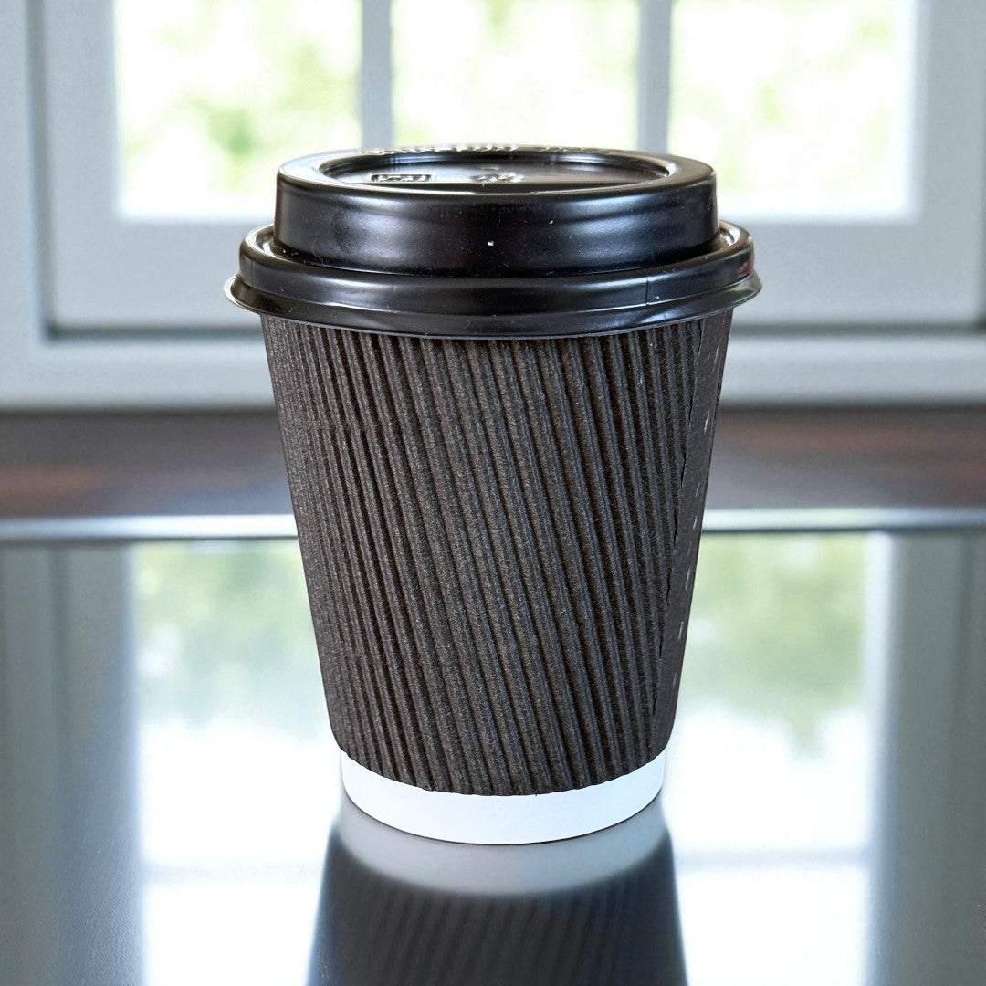 Black Ripple Wall 8oz Paper Cup With Black Sip Lids Side - Propus Packaging