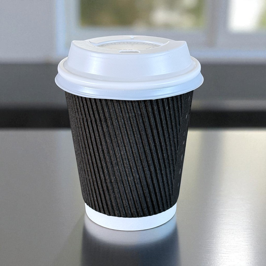 Black Ripple Wall 8oz Paper Cup With White Sip Lids Side - Propus Packaging