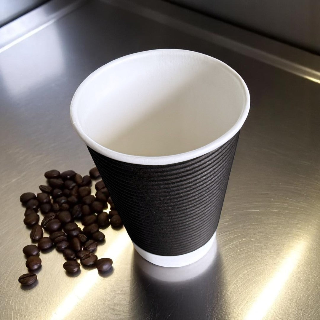 Grab N Go Black Round Ripple Wall 12oz Paper Cup - Overhead - Propus Packaging