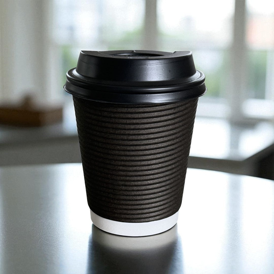 Black Round Ripple Wall 8oz Paper Cup With Black Sip Lids Side - Propus Packaging