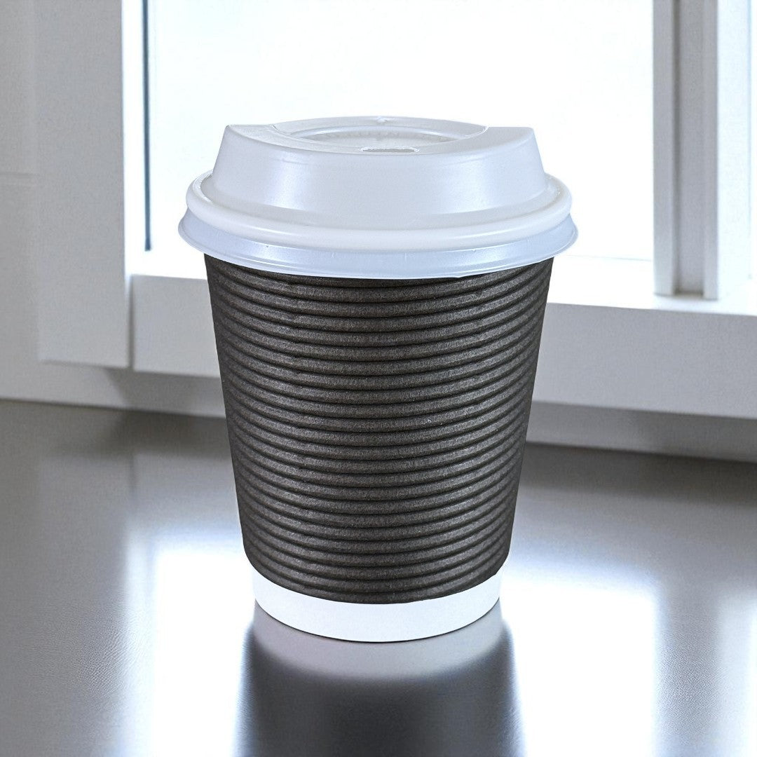 Black Round Ripple Wall 8oz Paper Cup With White Sip Lids Side - Propus Packaging