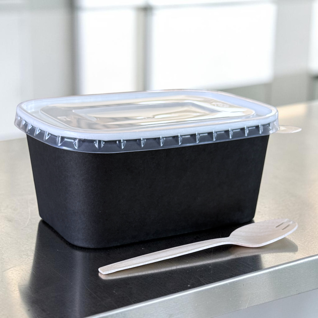 Black 1000ml Rectangular Bowl With Clear PP Lid Side - Propus Packaging