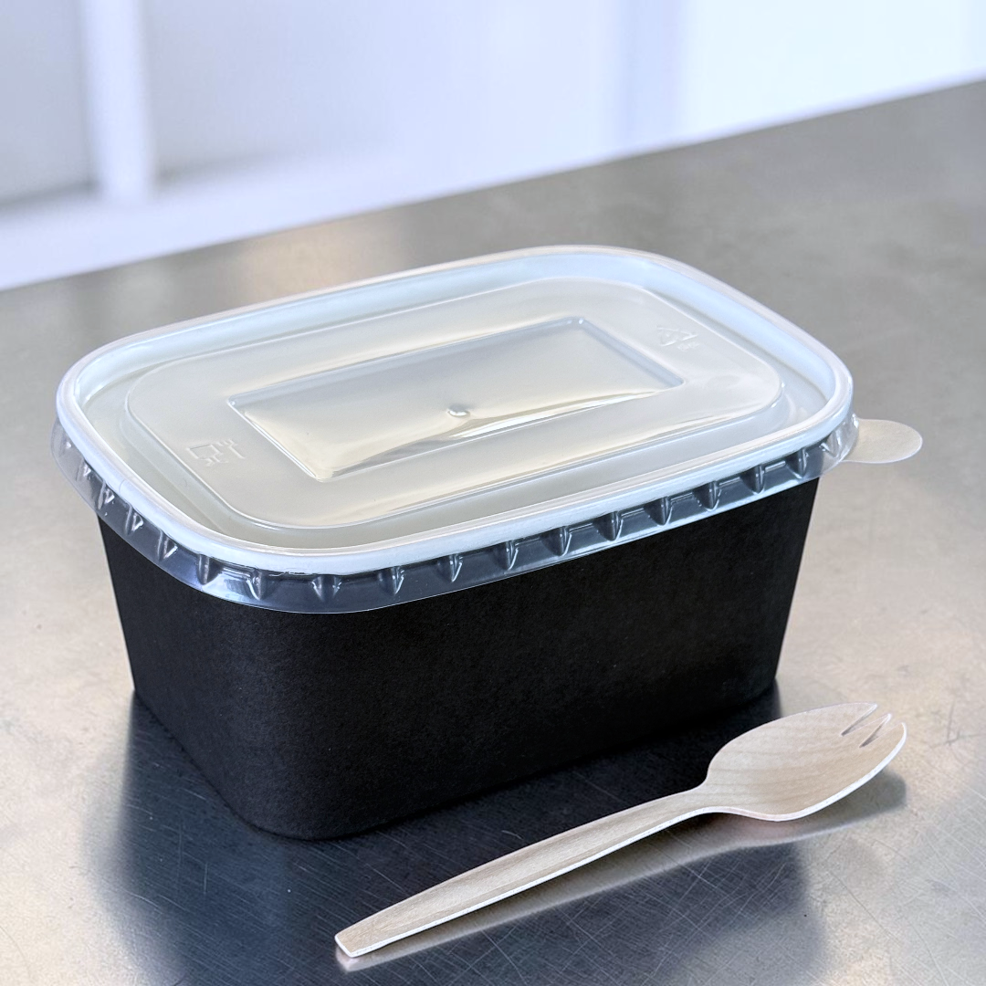 Black 1000ml Rectangular Bowl With Clear PP Lid - Propus Packaging