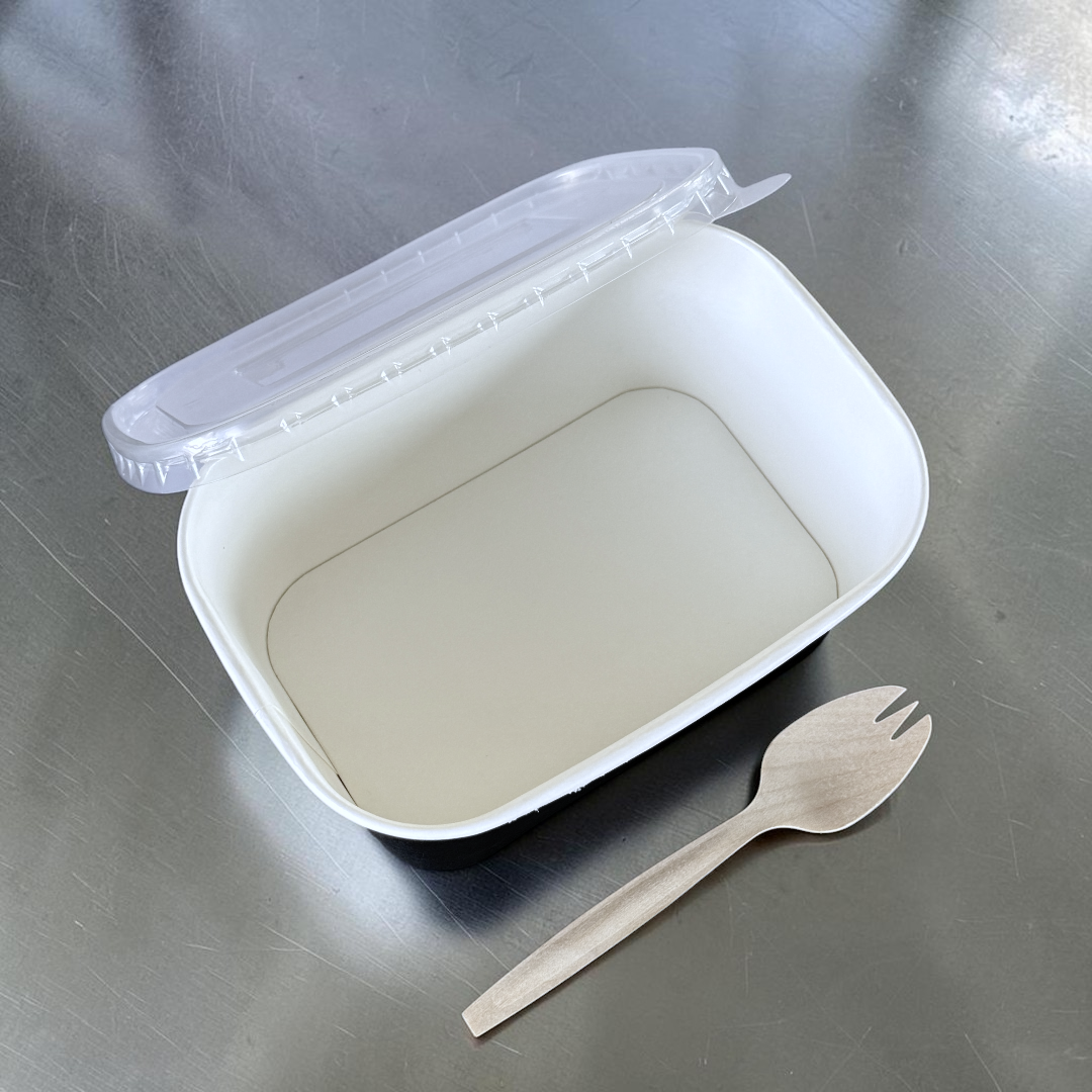 Black 1000ml Rectangular Bowl With Clear PP Lid Overhead - Propus Packaging