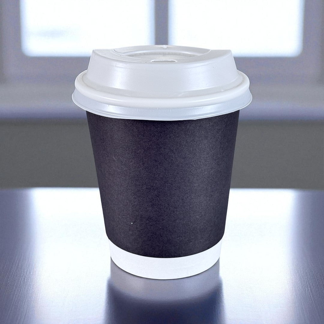 Black Double Wall 8oz Paper Cup With White Sip Lids - Propus Packaging