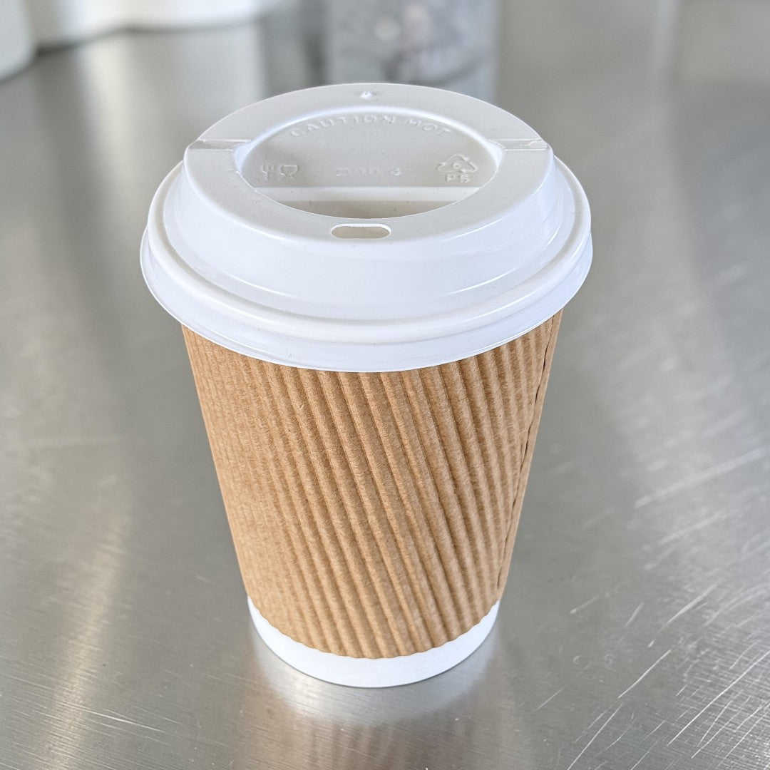 Brown Ripple Wall 12oz Paper Cups With White Sip Lids - Propus Packaging