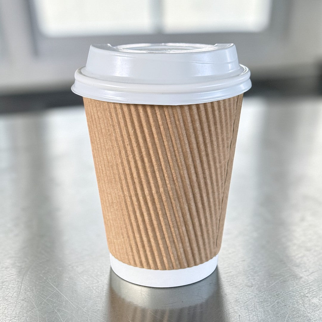Brown Ripple Wall 12oz Paper Cups With White Sip Lids Front - Propus Packaging