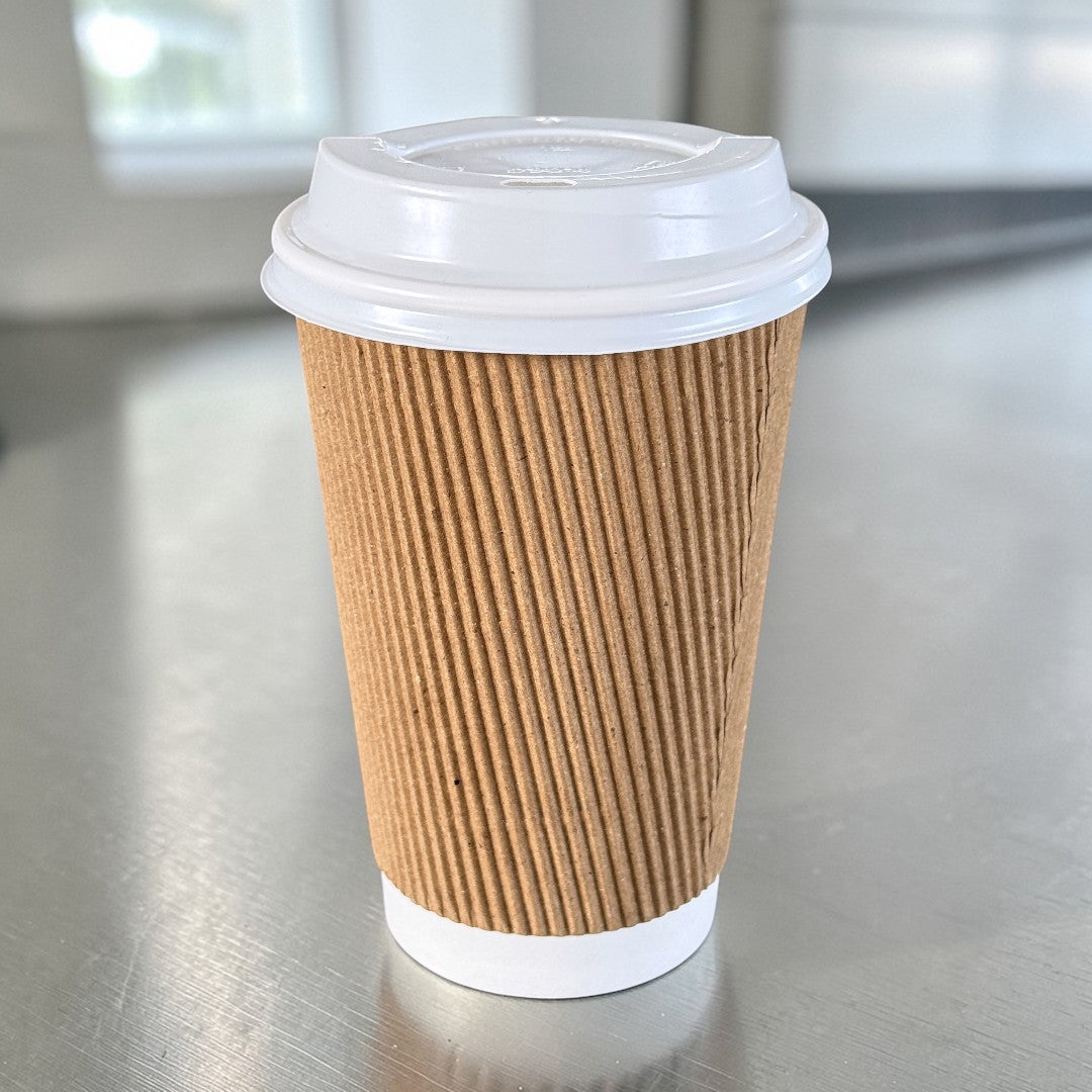Brown Ripple Wall 16oz Paper Cups With White Sip Lids Front - Propus Packaging