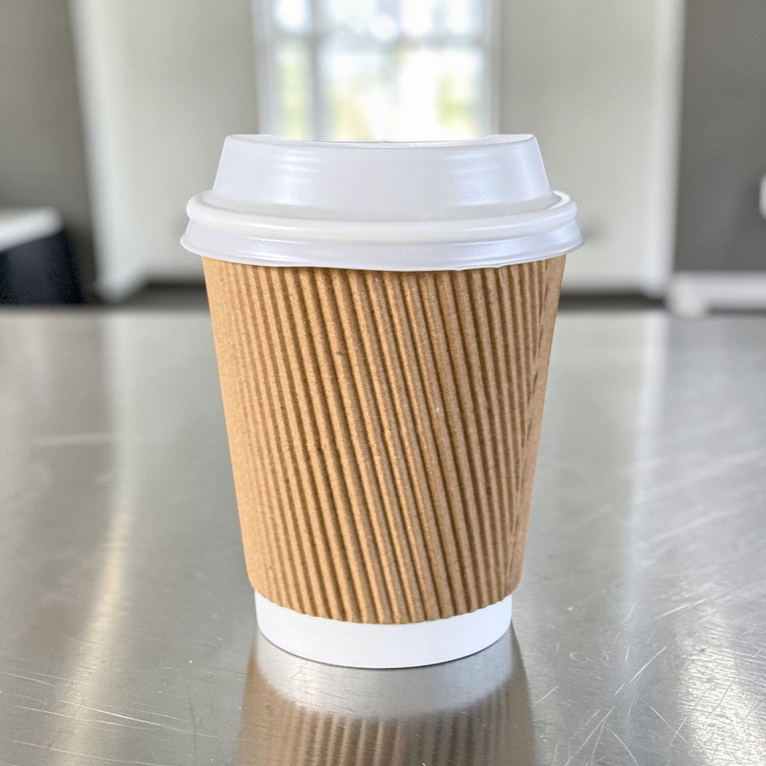 Brown Ripple Wall 8oz Paper Cups With White Sip Lids Front - Propus Packaging 