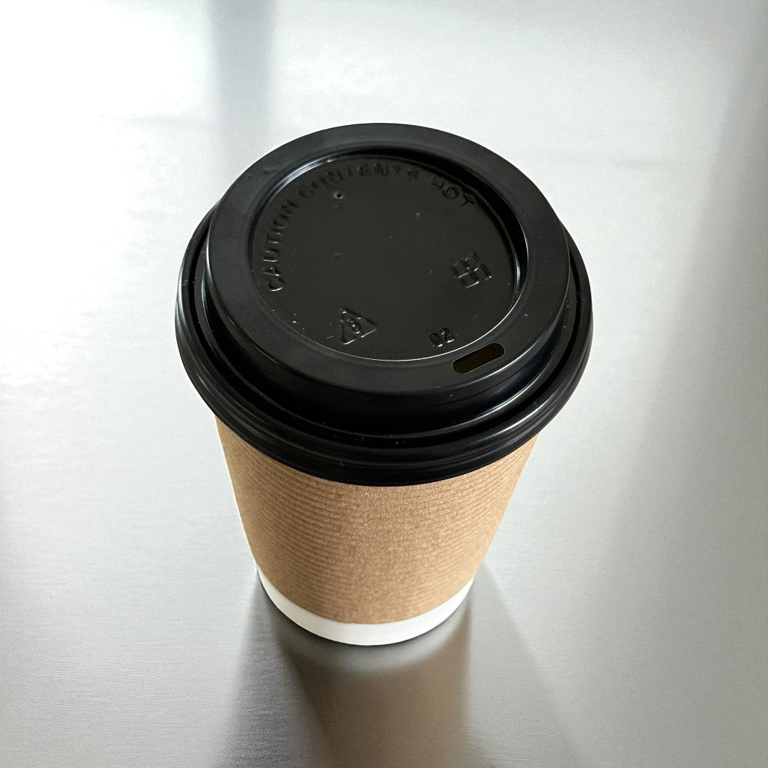 Brown Round Ripple Wall 12oz Paper Cup With Black Sip Lids Overhead - Propus Packaging