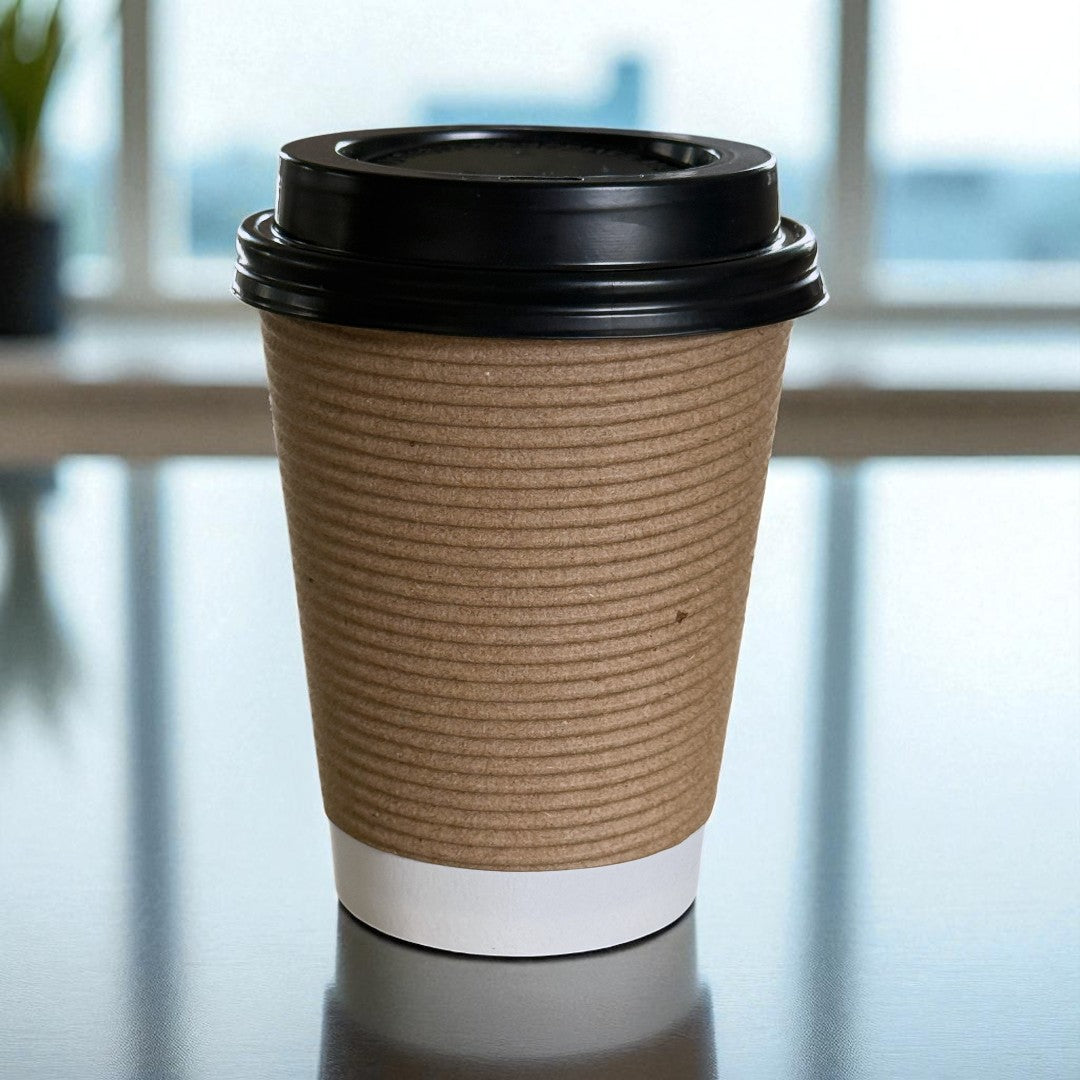 Brown Round Ripple Wall 12oz Paper Cup With Black Sip Lids Side - Propus Packaging