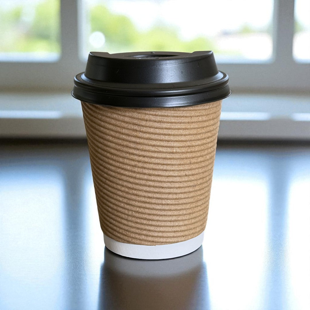 Brown Round Ripple Wall 8oz Paper Cup With Black Sip Lids Side - Propus Packaging