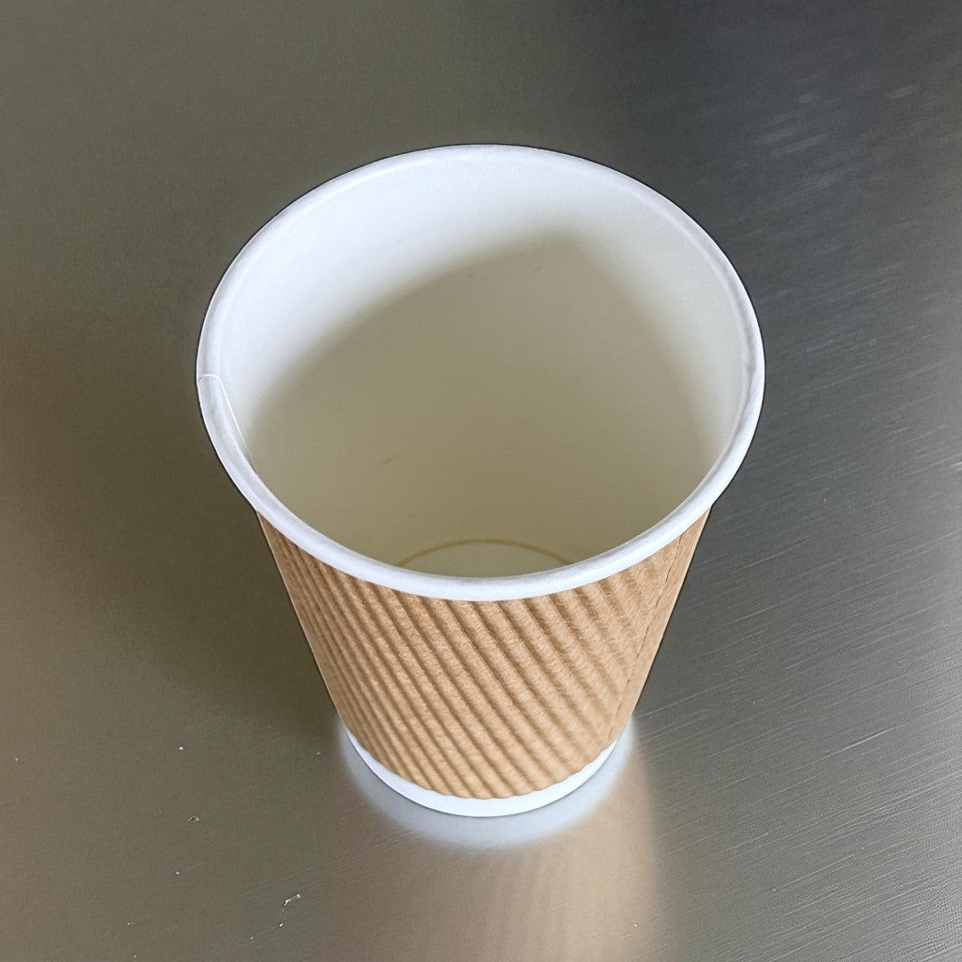 Brown Ripple Wall 12oz Paper Cups Overhead - Propus Packaging