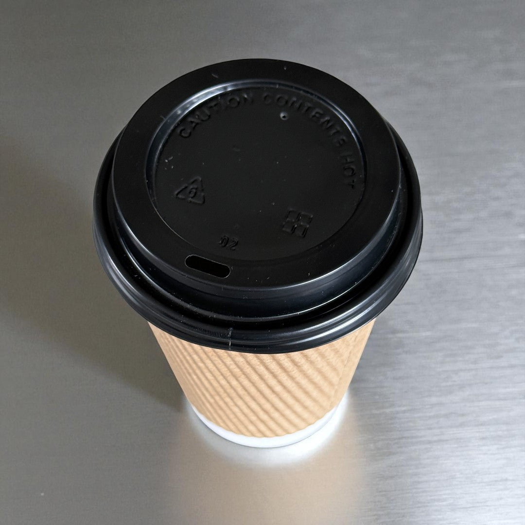 Brown Ripple Wall 12oz Paper Cups With Black Sip Lids Overhead - Propus Packaging