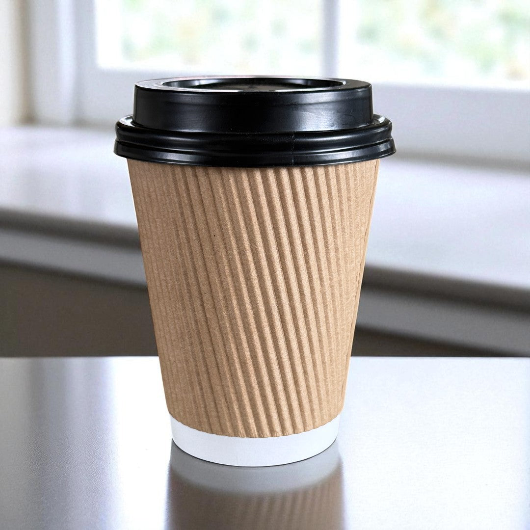 Brown Ripple Wall 12oz Paper Cups With Black Sip Lids Side - Propus Packaging