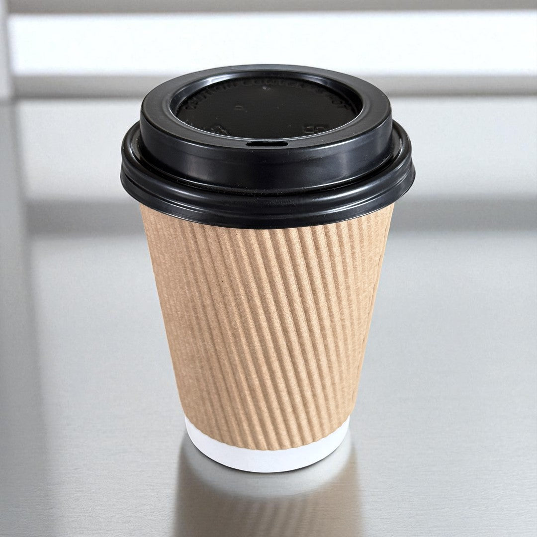 Brown Ripple Wall 12oz Paper Cups With Black Sip Lids - Propus Packaging