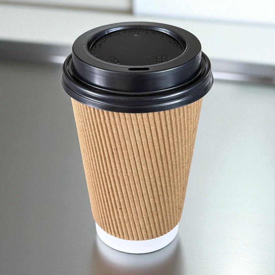 Brown Ripple Wall 16oz Paper Cups With Black Sip Lid - Propus Packaging