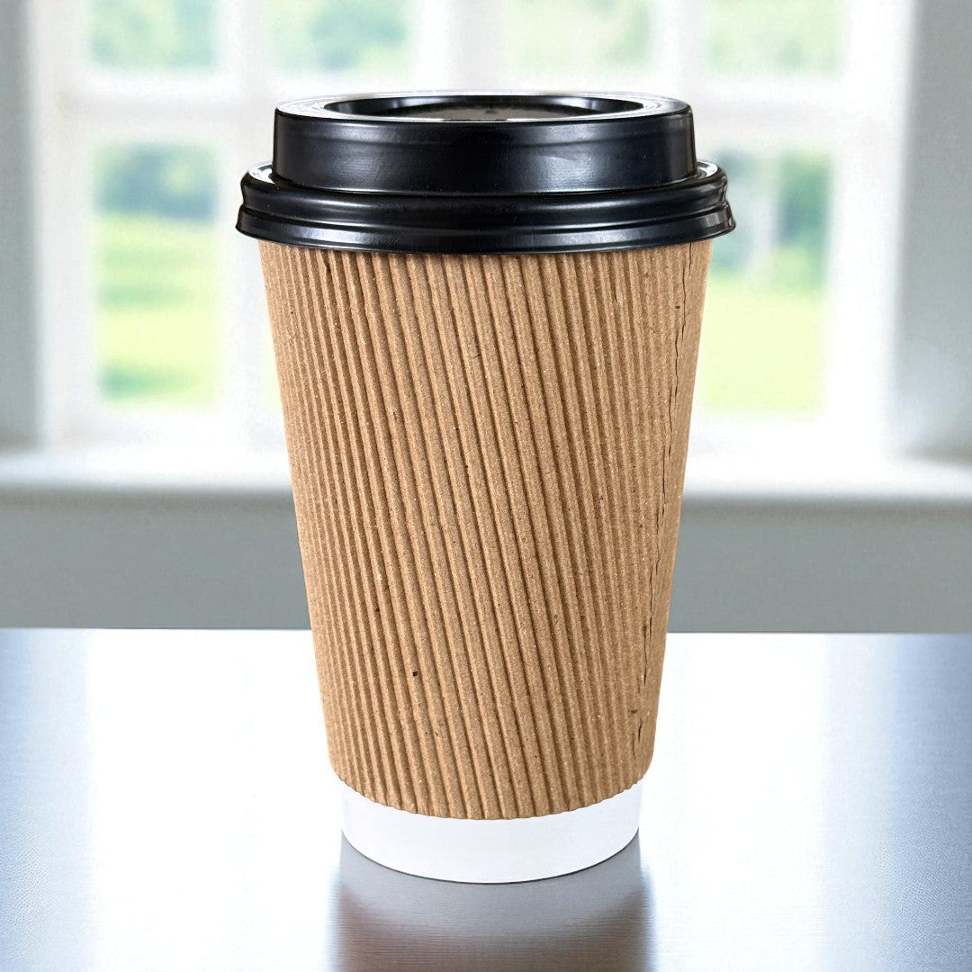 Brown Ripple Wall 16oz Paper Cups With Black Sip Lid Side - Propus Packaging
