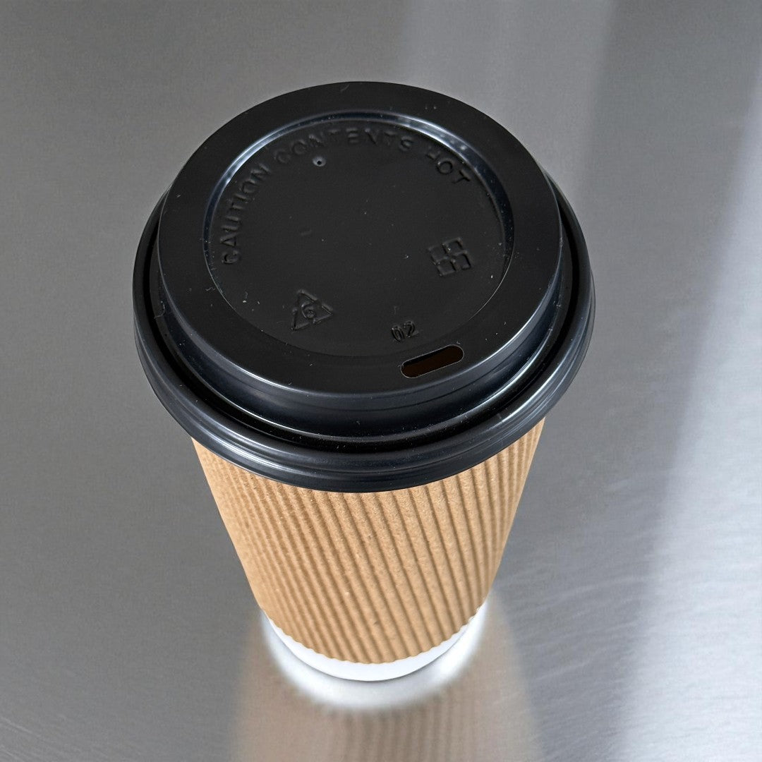 Brown Ripple Wall 16oz Paper Cups With Black Sip Lid Overhead - Propus Packaging