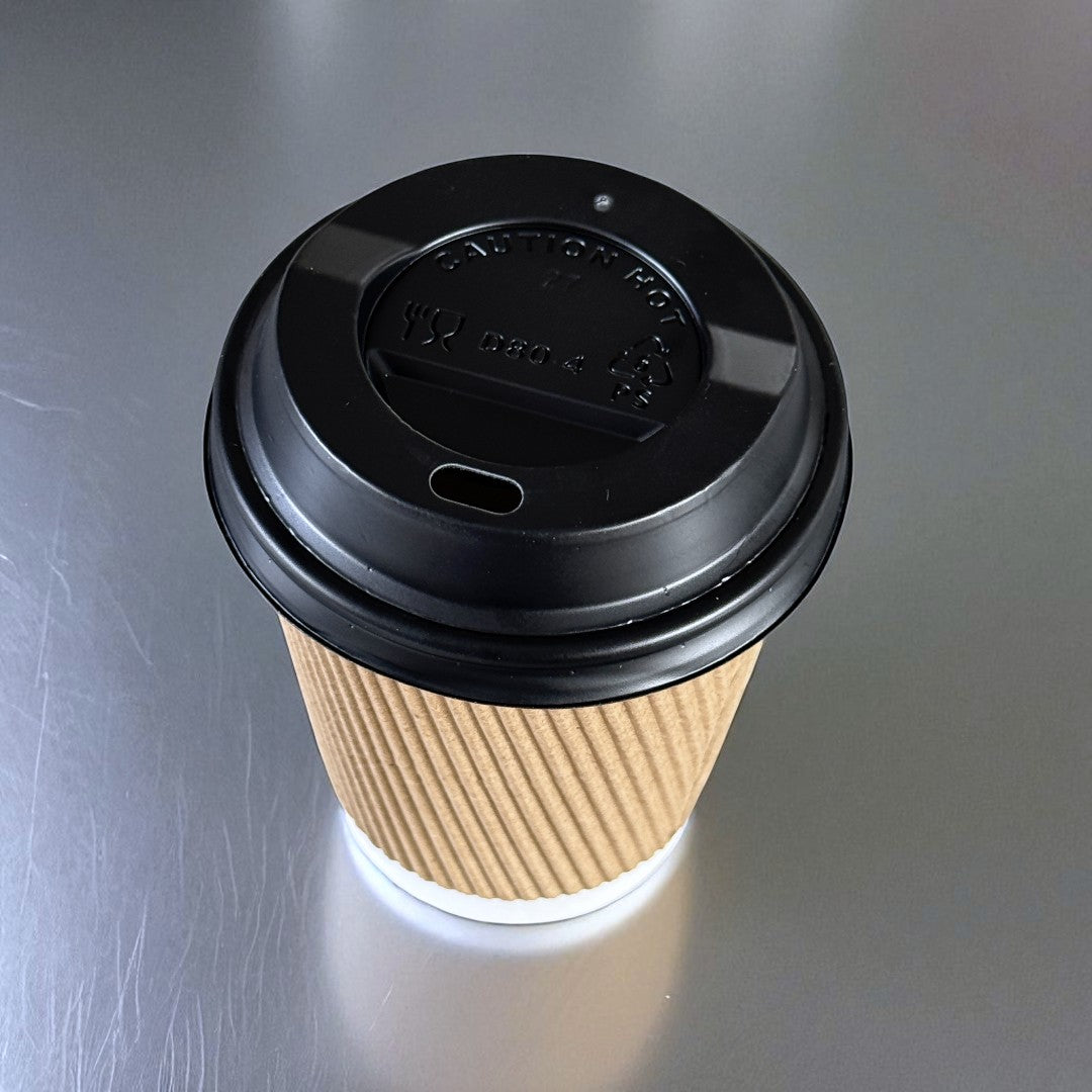 Brown Ripple Wall 8oz Paper Cups With Black Sip Lid Overhead - Propus Packaging