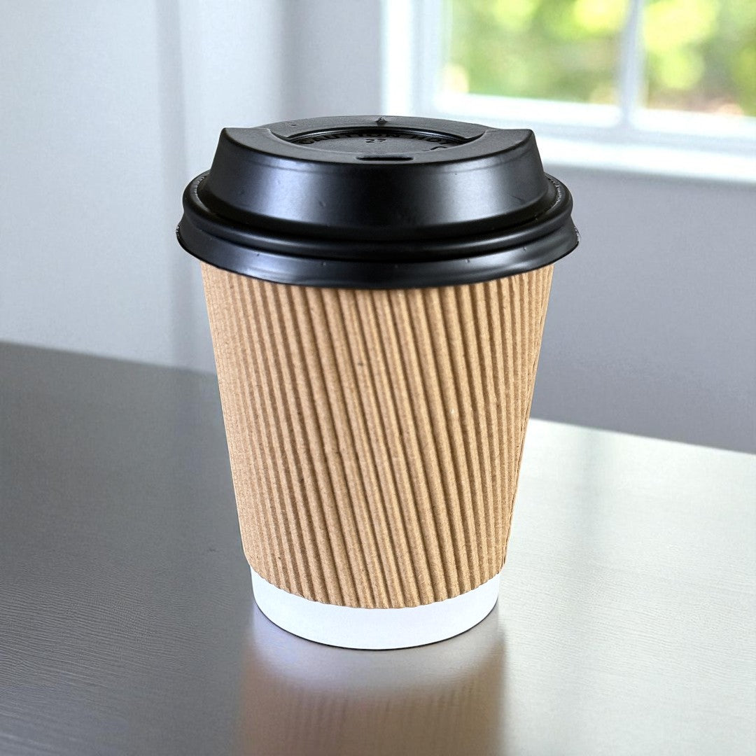 Brown Ripple Wall 8oz Paper Cups With Black Sip Lid Side - Propus Packaging