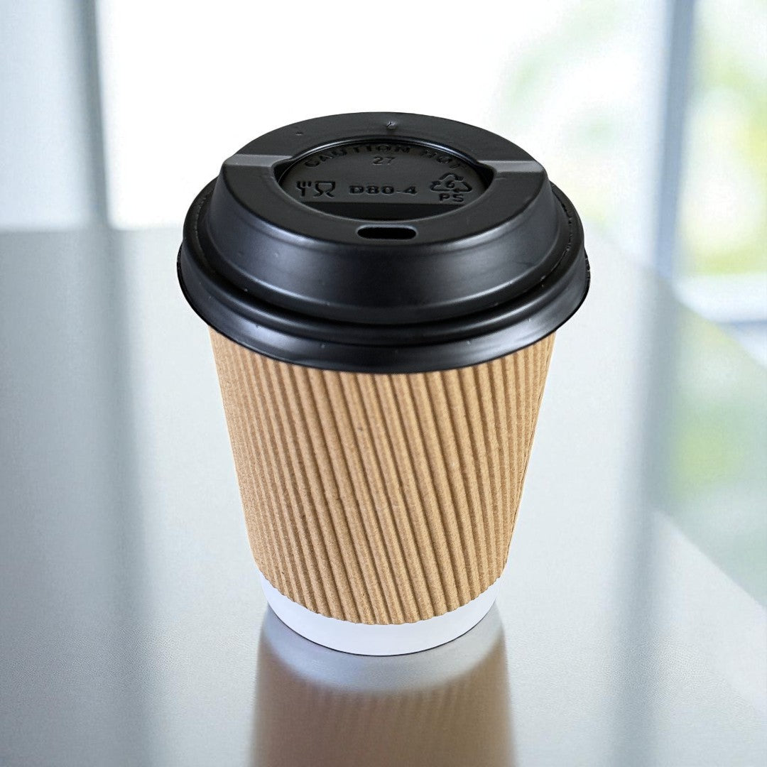 Brown Ripple Wall 8oz Paper Cups With Black Sip Lid - Propus Packaging