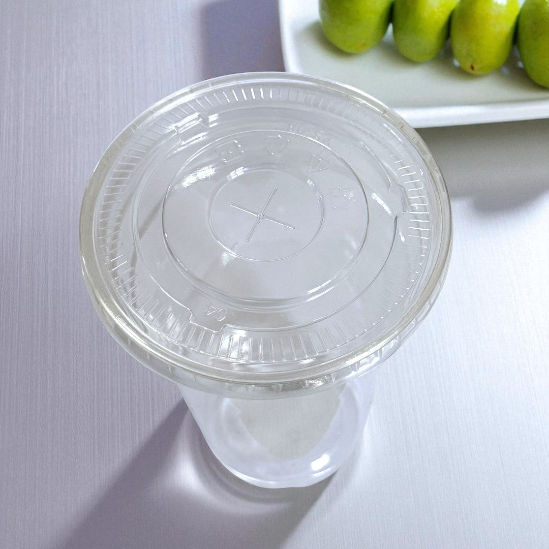 Clear 20oz Smoothie Cup With Flat Lid With Cross Hole Overhead - Propus Packaging