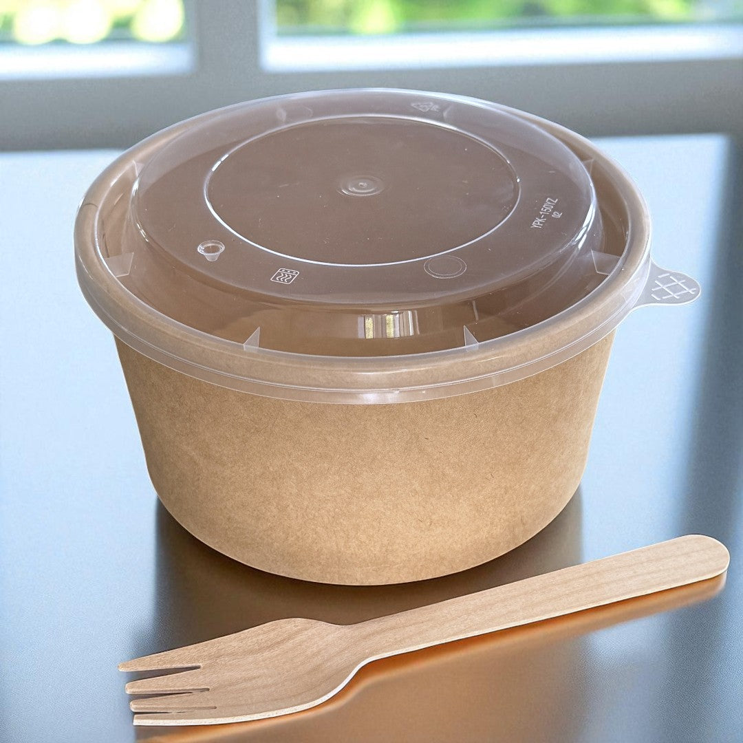 Kraft 1000ml Round Bowl With Clear PP Lid - Propus Packaging