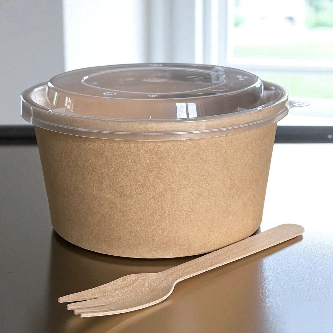 Kraft 1000ml Round Bowl With Clear PP Lid Side - Propus Packaging