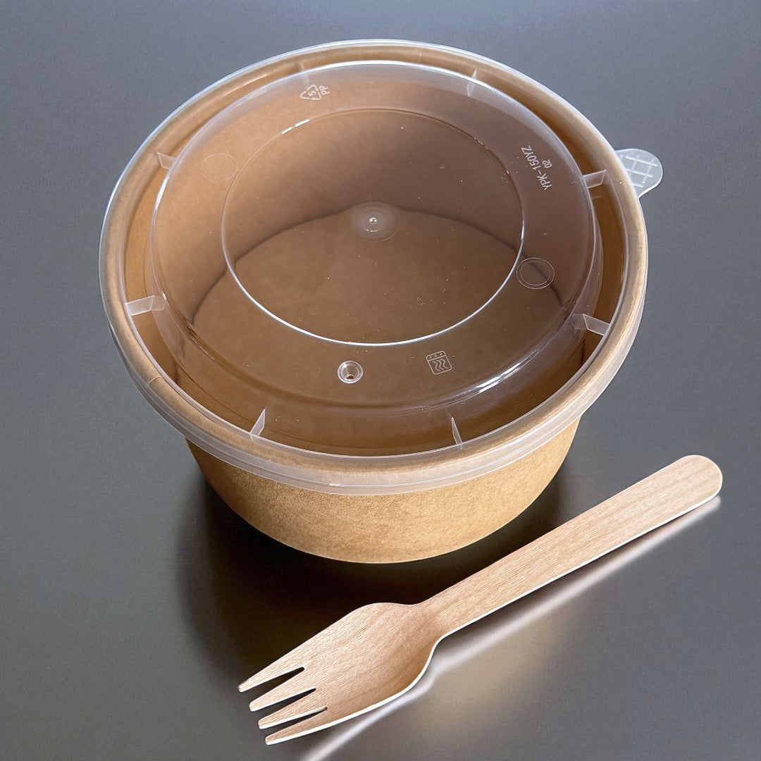 Kraft 1000ml Round Bowl With Clear PP Lid Overhead - Propus Packaging
