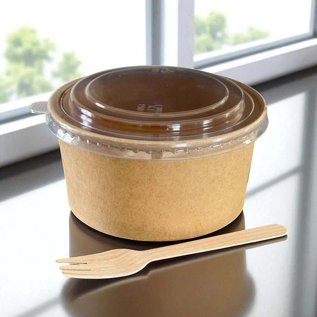 Kraft 1000ml Round Bowl With Clear RPET Lid - Propus Packaging