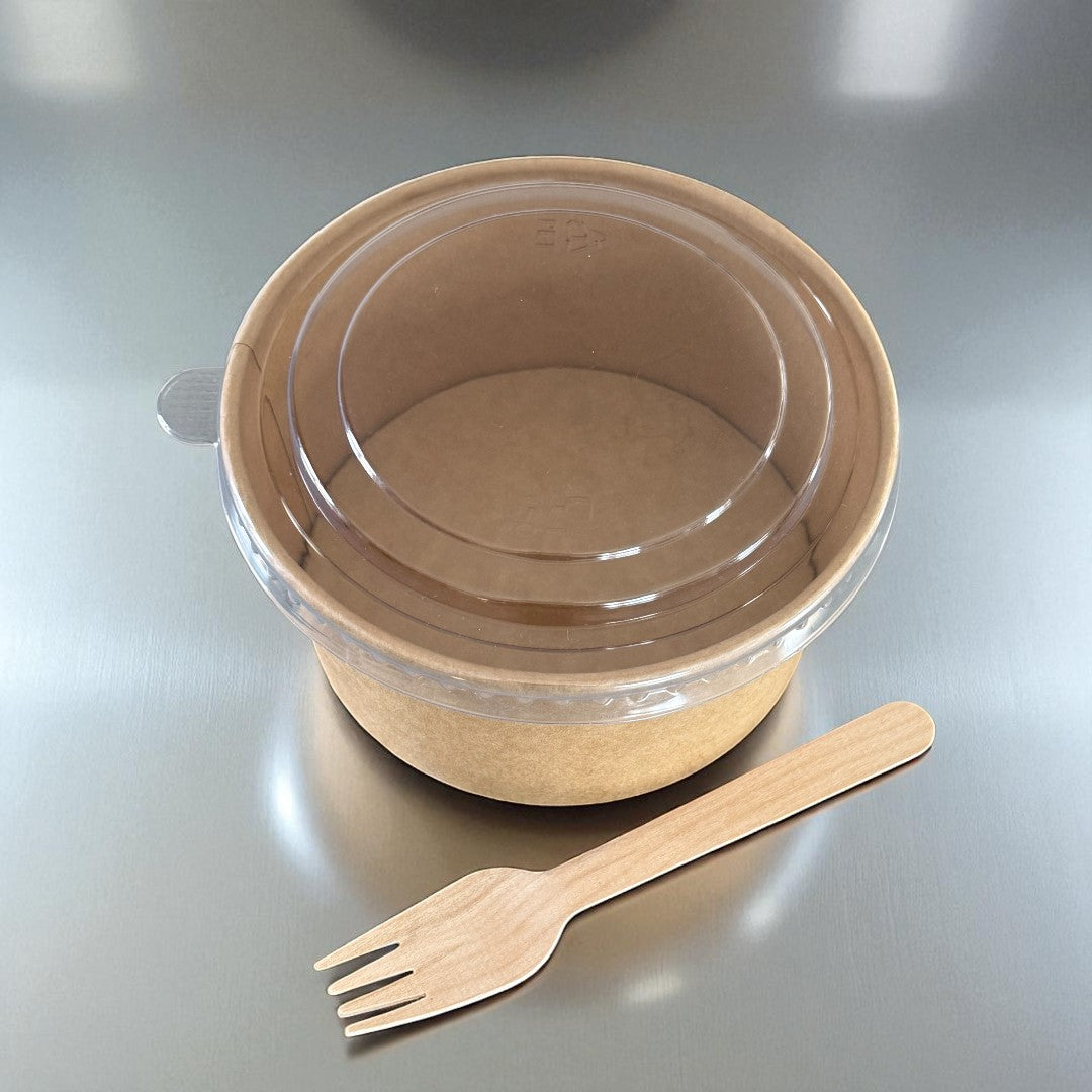 Kraft 1000ml Round Bowl With Clear RPET Lid Overhead - Propus Packaging