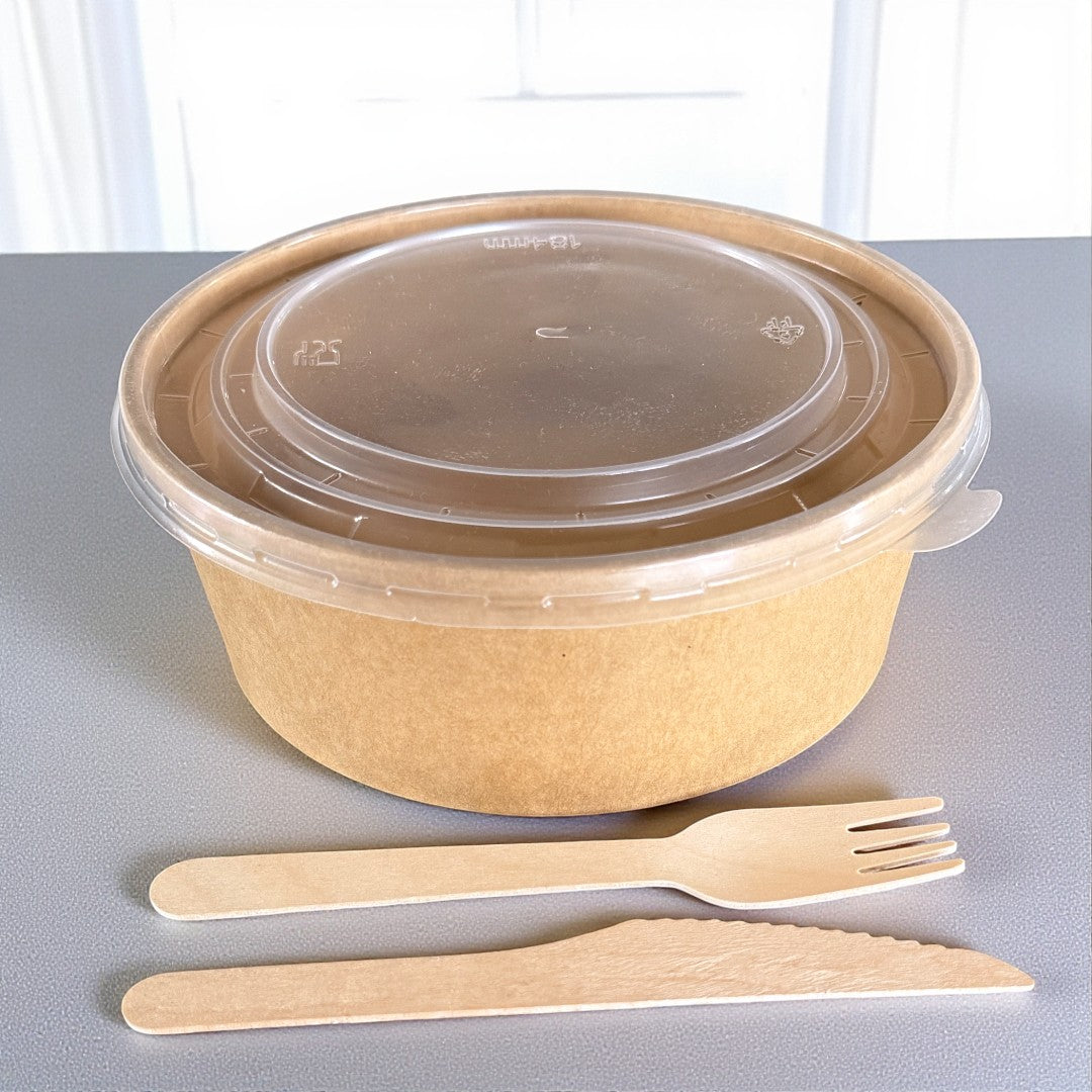 Kraft 1300ml Large Round Bowl With Clear PP Lid - Propus Packaging
