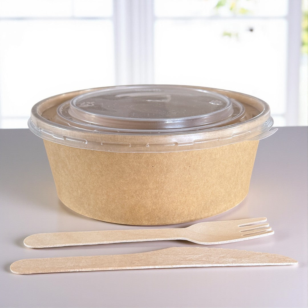 Kraft 1300ml Large Round Bowl With Clear PP Lid Side - Propus Packaging