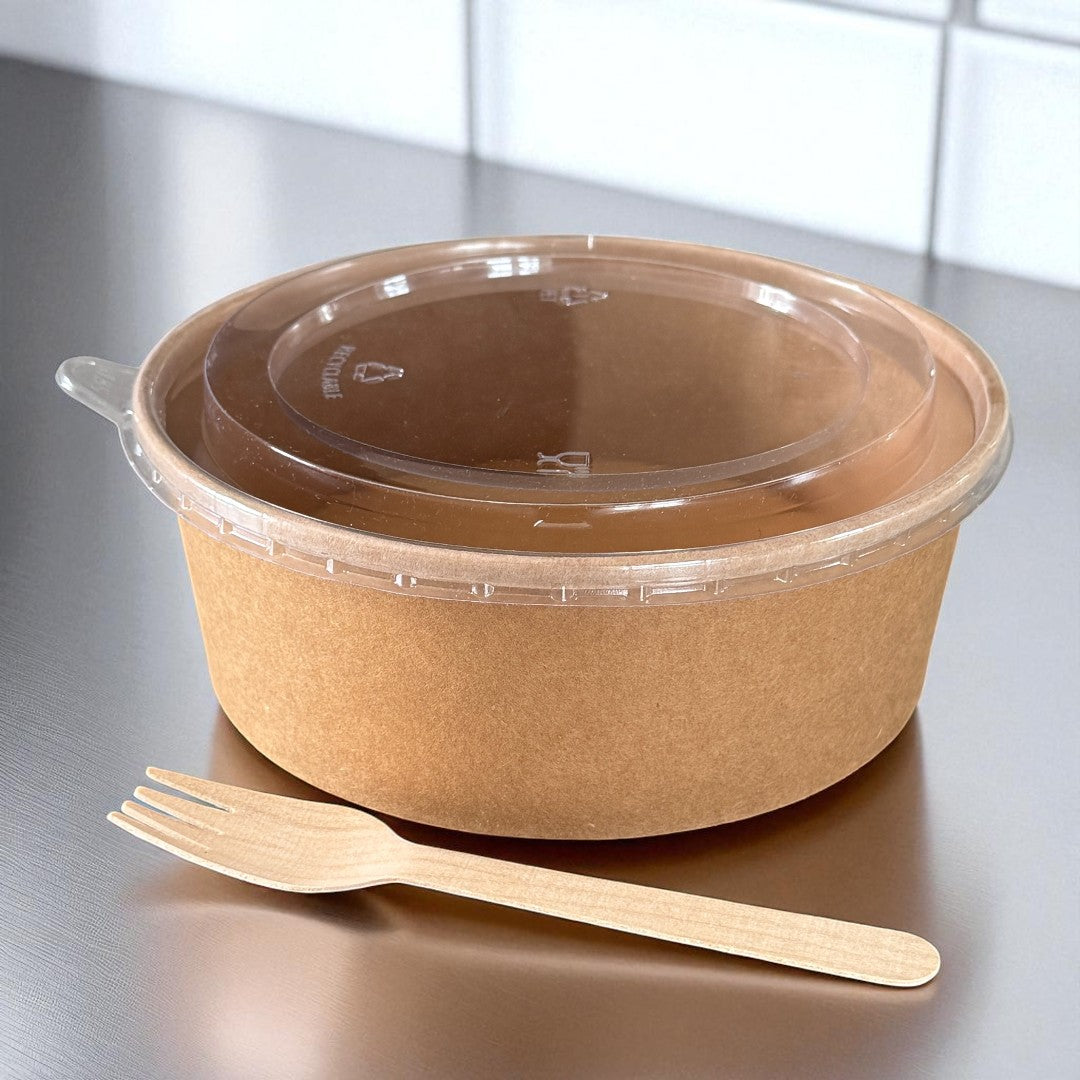 Kraft 1300ml Large Round Bowl With Clear RPET Lid - Propus Packaging