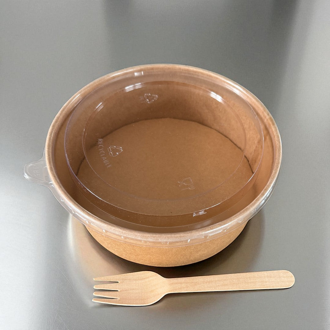 Kraft 1300ml Large Round Bowl With Clear RPET Lid Overhead - Propus Packaging