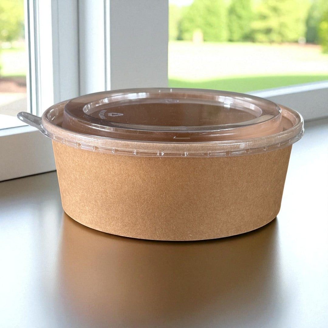 Kraft 1300ml Large Round Bowl With Clear RPET Lid Side - Propus Packaging